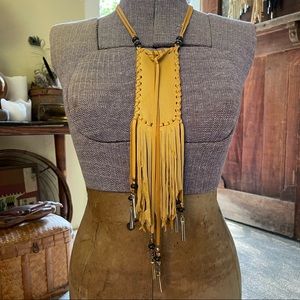 HANDMADE Gold Deerskin Leather Medicine Bag Stash Pouch Fringe Necklace